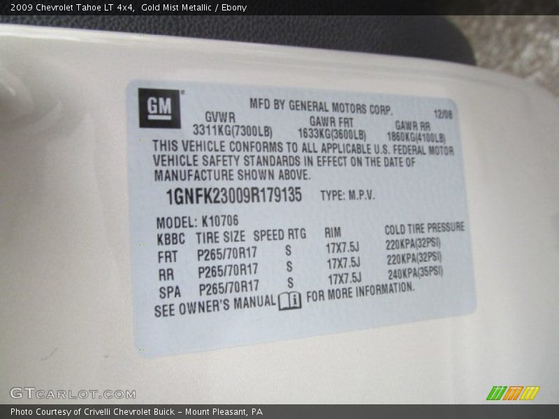 Info Tag of 2009 Tahoe LT 4x4