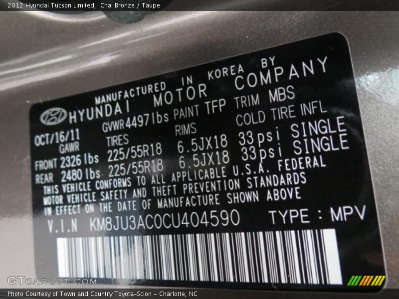 2012 Tucson Limited Chai Bronze Color Code TFP