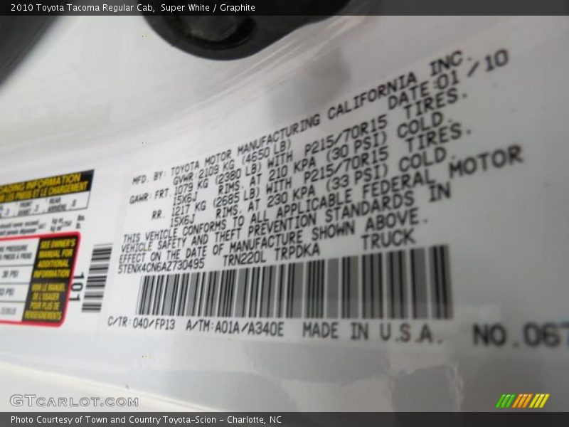 Super White / Graphite 2010 Toyota Tacoma Regular Cab