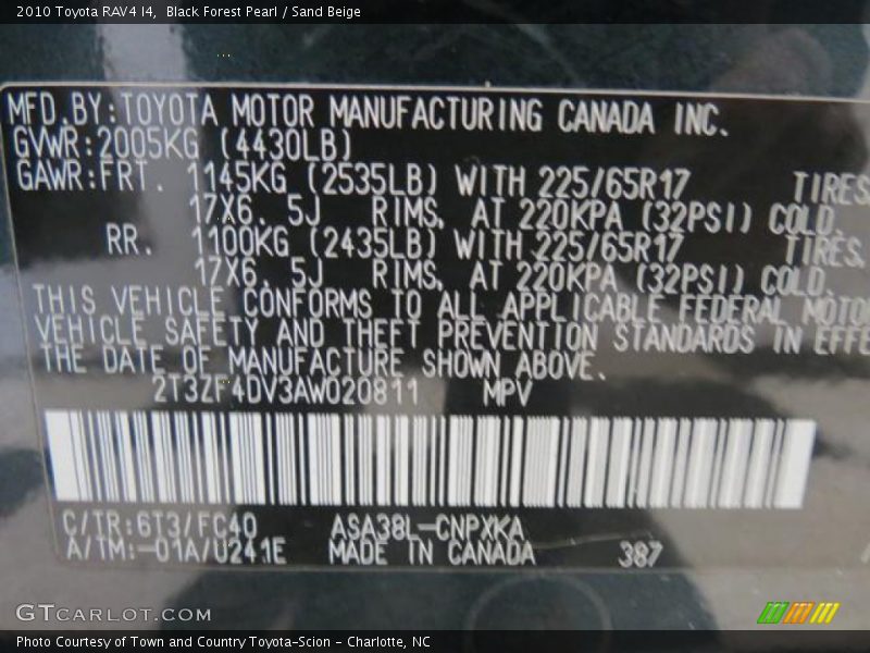2010 RAV4 I4 Black Forest Pearl Color Code 6T3