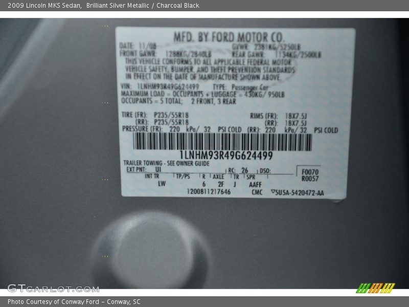 Brilliant Silver Metallic / Charcoal Black 2009 Lincoln MKS Sedan