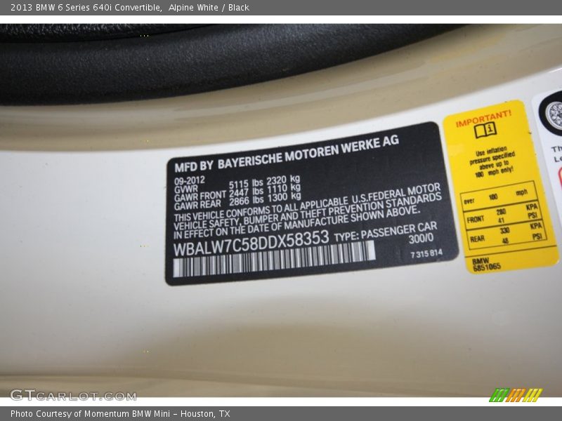 2013 6 Series 640i Convertible Alpine White Color Code 300