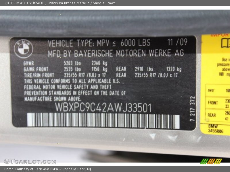 Platinum Bronze Metallic / Saddle Brown 2010 BMW X3 xDrive30i