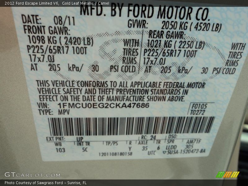 Gold Leaf Metallic / Camel 2012 Ford Escape Limited V6