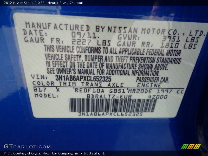 2012 Sentra 2.0 SR Metallic Blue Color Code B17