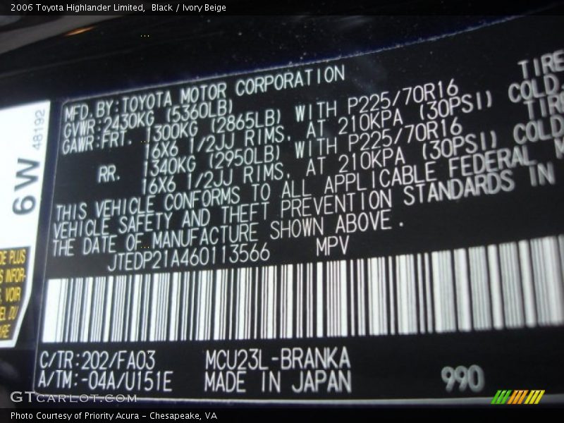 Black / Ivory Beige 2006 Toyota Highlander Limited