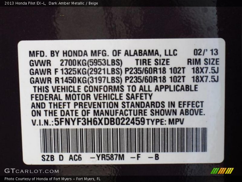 Dark Amber Metallic / Beige 2013 Honda Pilot EX-L