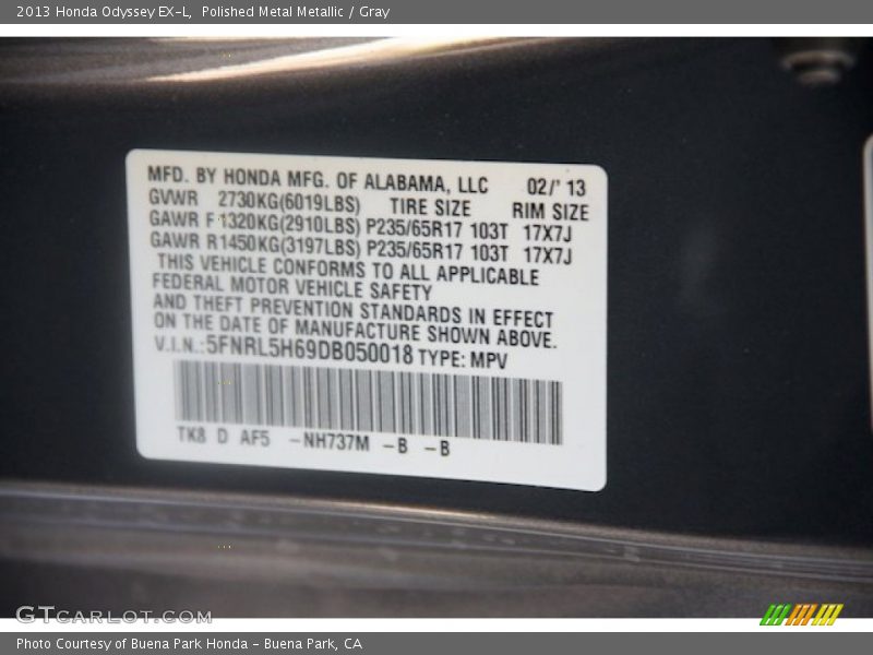 Polished Metal Metallic / Gray 2013 Honda Odyssey EX-L