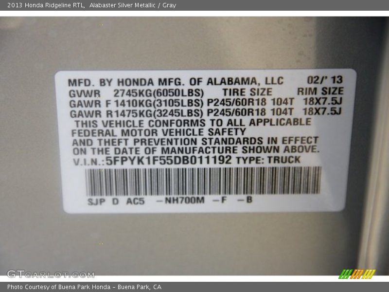 Alabaster Silver Metallic / Gray 2013 Honda Ridgeline RTL