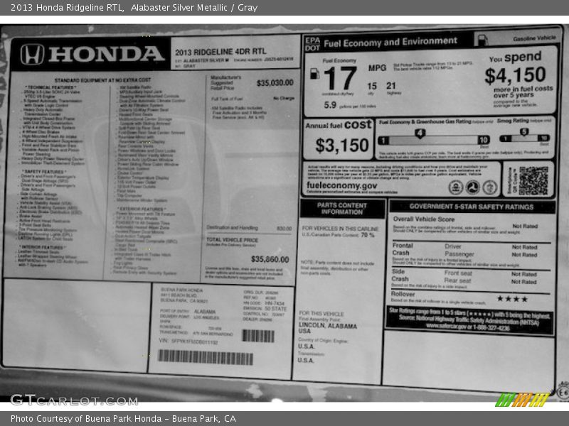 Alabaster Silver Metallic / Gray 2013 Honda Ridgeline RTL