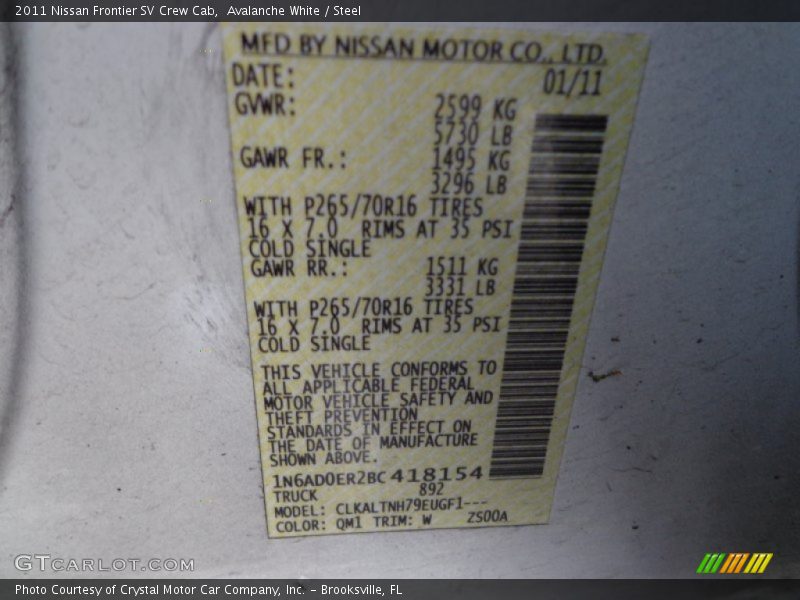 Avalanche White / Steel 2011 Nissan Frontier SV Crew Cab