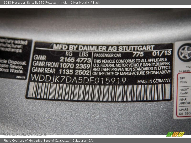 Iridium Silver Metallic / Black 2013 Mercedes-Benz SL 550 Roadster
