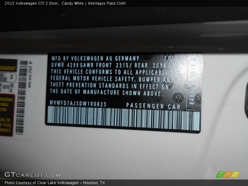 Candy White / Interlagos Plaid Cloth 2013 Volkswagen GTI 2 Door