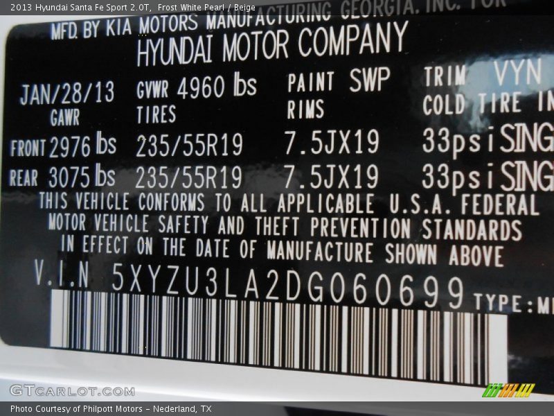 2013 Santa Fe Sport 2.0T Frost White Pearl Color Code SWP