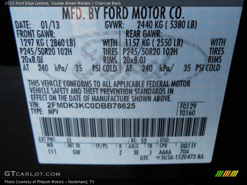 2013 Edge Limited Kodiak Brown Metallic Color Code J1