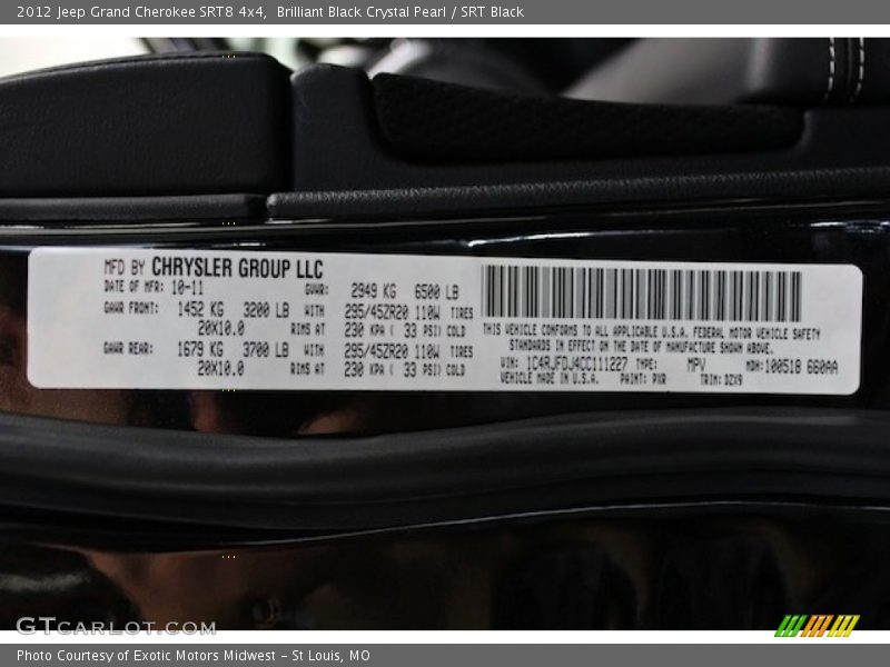 2012 Grand Cherokee SRT8 4x4 Brilliant Black Crystal Pearl Color Code PXR