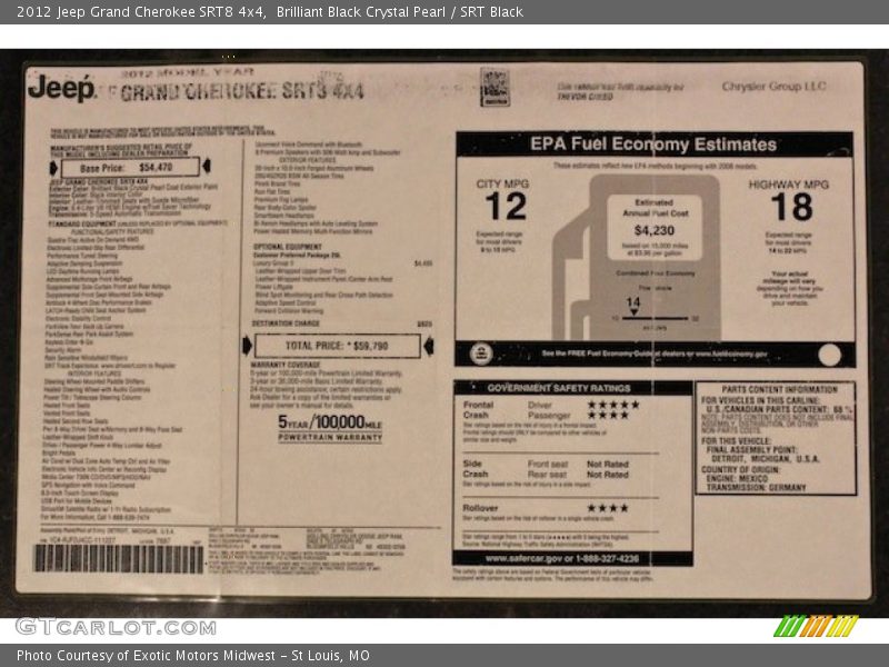  2012 Grand Cherokee SRT8 4x4 Window Sticker