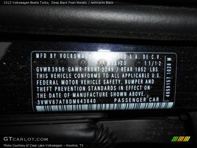 Deep Black Pearl Metallic / Anthracite Black 2013 Volkswagen Beetle Turbo