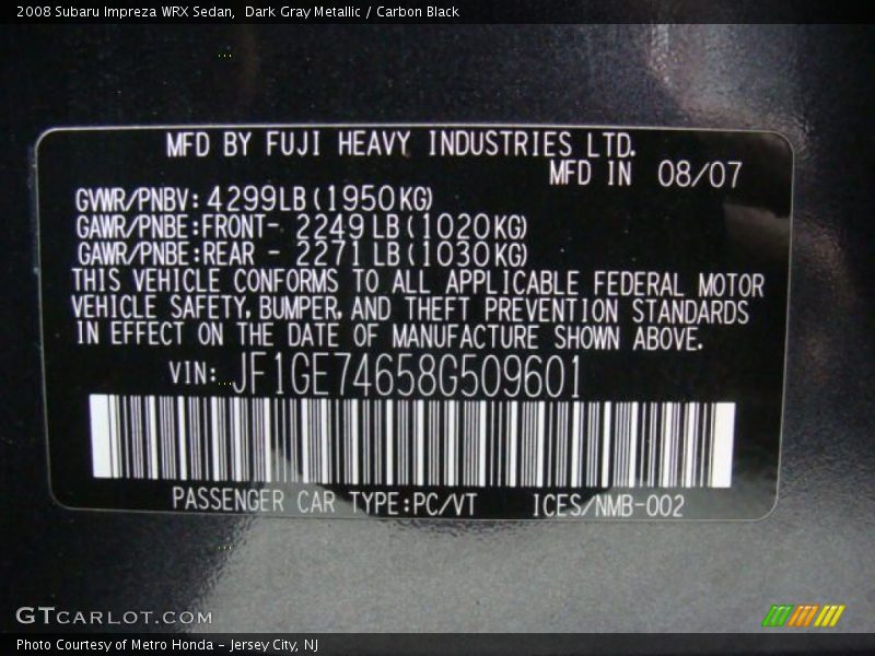 Dark Gray Metallic / Carbon Black 2008 Subaru Impreza WRX Sedan