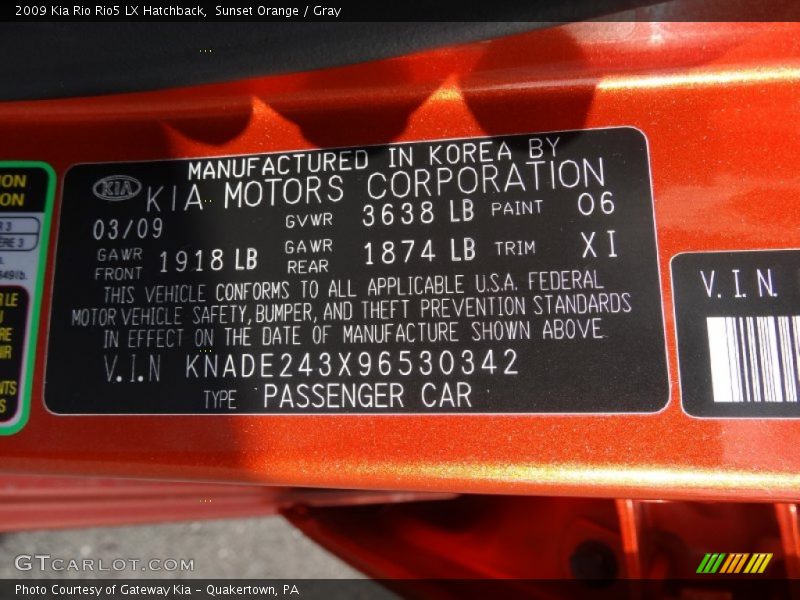 2009 Rio Rio5 LX Hatchback Sunset Orange Color Code 06