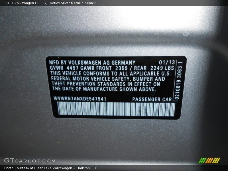 Reflex Silver Metallic / Black 2013 Volkswagen CC Lux