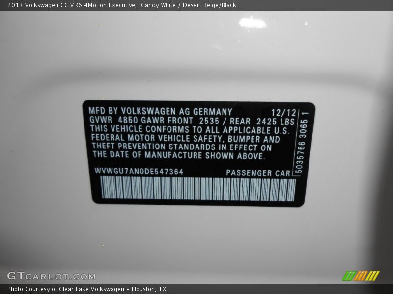 Candy White / Desert Beige/Black 2013 Volkswagen CC VR6 4Motion Executive