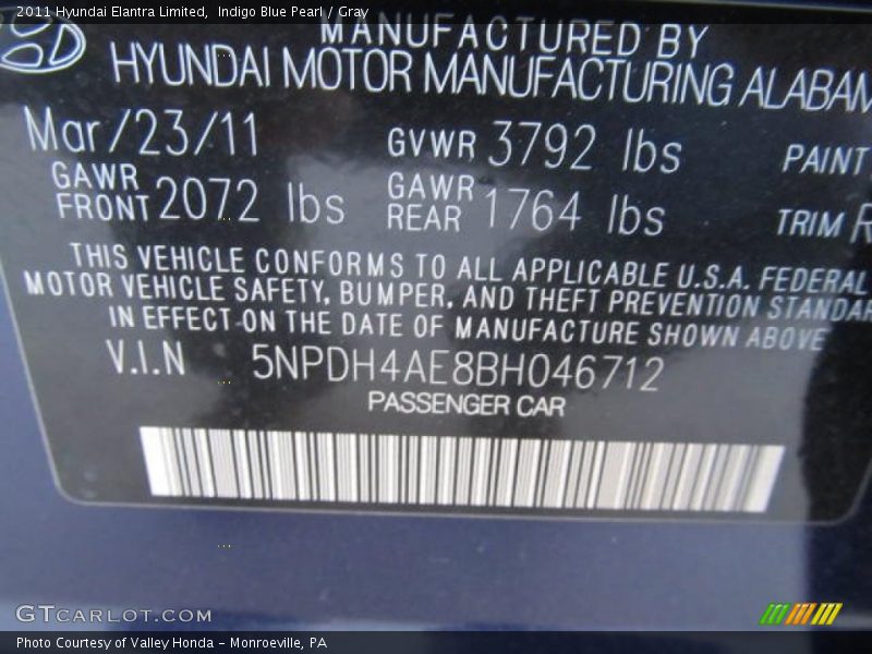 Indigo Blue Pearl / Gray 2011 Hyundai Elantra Limited
