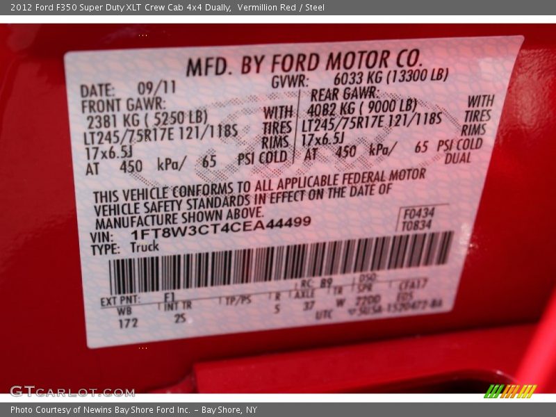 2012 F350 Super Duty XLT Crew Cab 4x4 Dually Vermillion Red Color Code F1