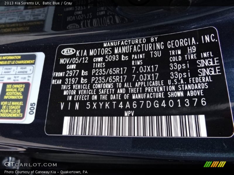 Baltic Blue / Gray 2013 Kia Sorento LX