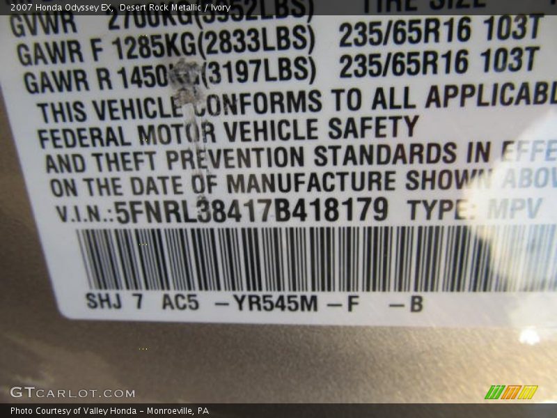 2007 Odyssey EX Desert Rock Metallic Color Code YR545M