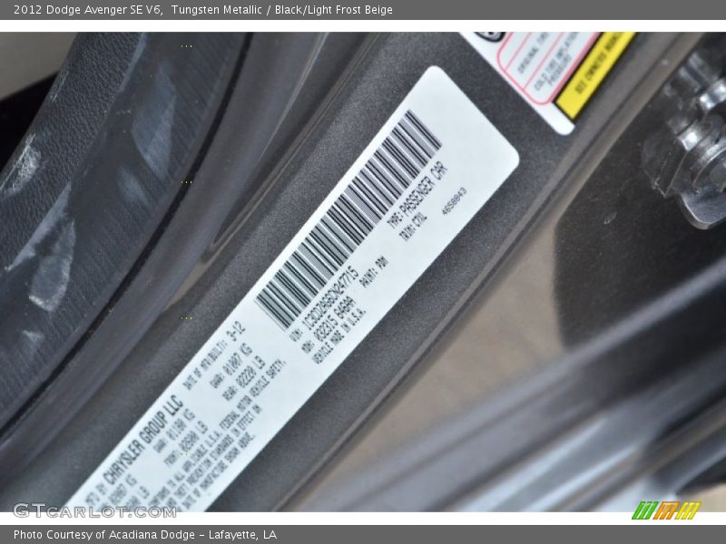 Tungsten Metallic / Black/Light Frost Beige 2012 Dodge Avenger SE V6