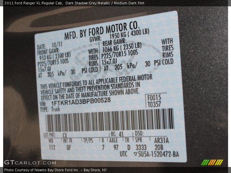 Dark Shadow Grey Metallic / Medium Dark Flint 2011 Ford Ranger XL Regular Cab