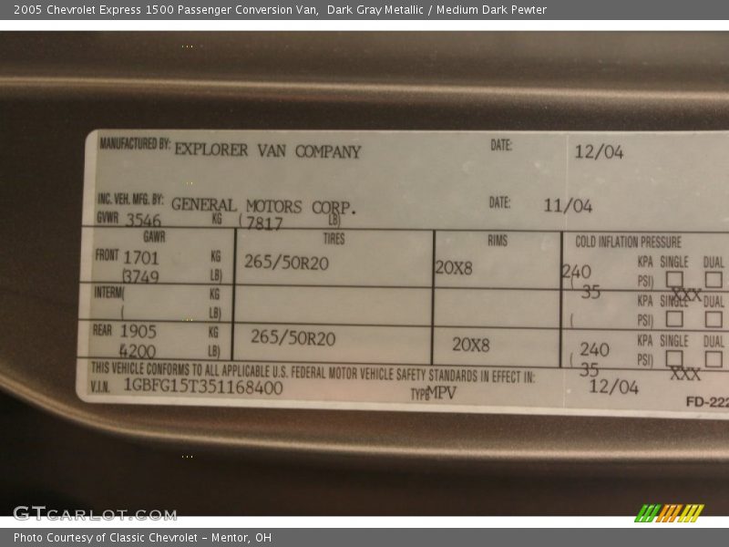 Dark Gray Metallic / Medium Dark Pewter 2005 Chevrolet Express 1500 Passenger Conversion Van