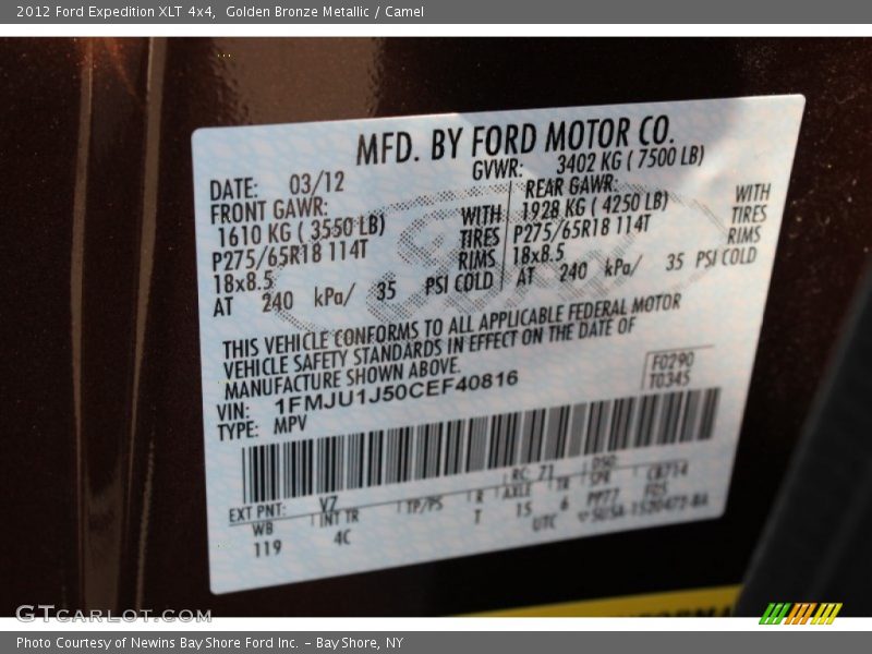 2012 Expedition XLT 4x4 Golden Bronze Metallic Color Code V7