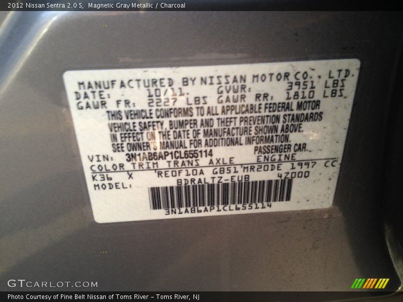 Magnetic Gray Metallic / Charcoal 2012 Nissan Sentra 2.0 S