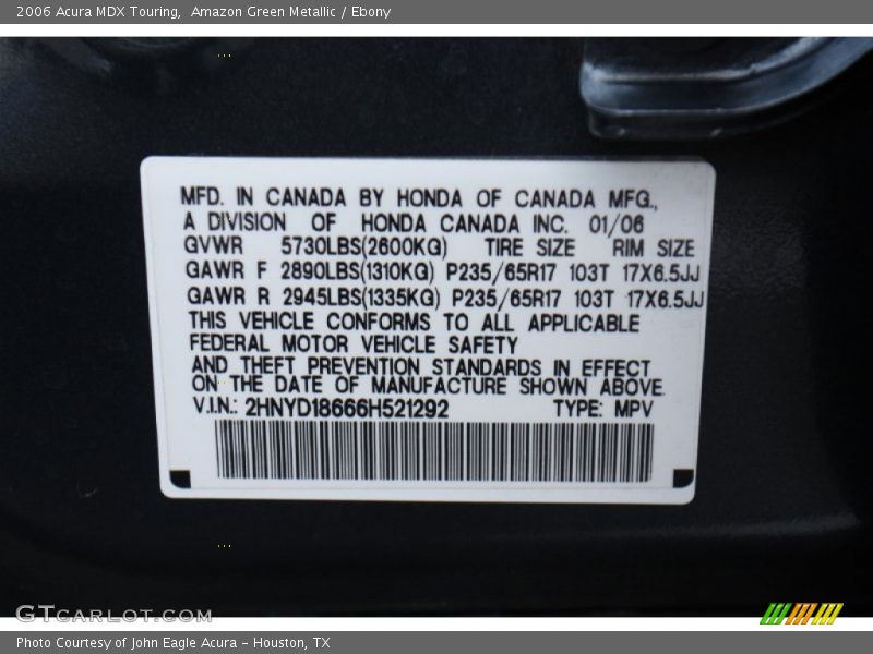 Amazon Green Metallic / Ebony 2006 Acura MDX Touring