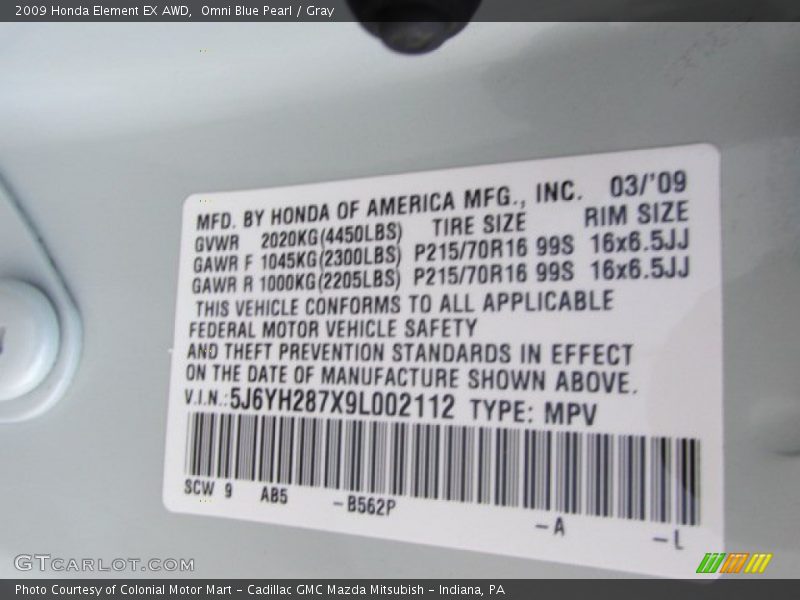 2009 Element EX AWD Omni Blue Pearl Color Code B562P