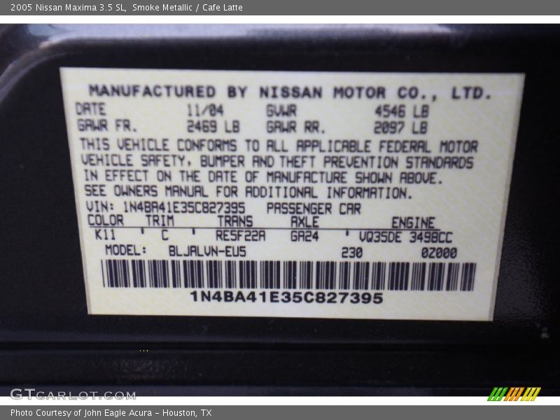 2005 Maxima 3.5 SL Smoke Metallic Color Code K11