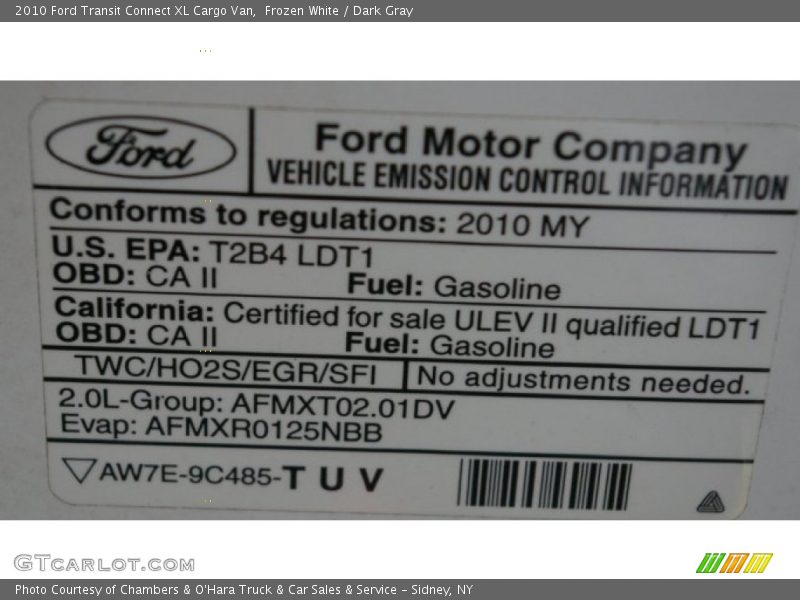 Info Tag of 2010 Transit Connect XL Cargo Van