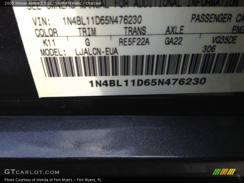 Smoke Metallic / Charcoal 2005 Nissan Altima 3.5 SE