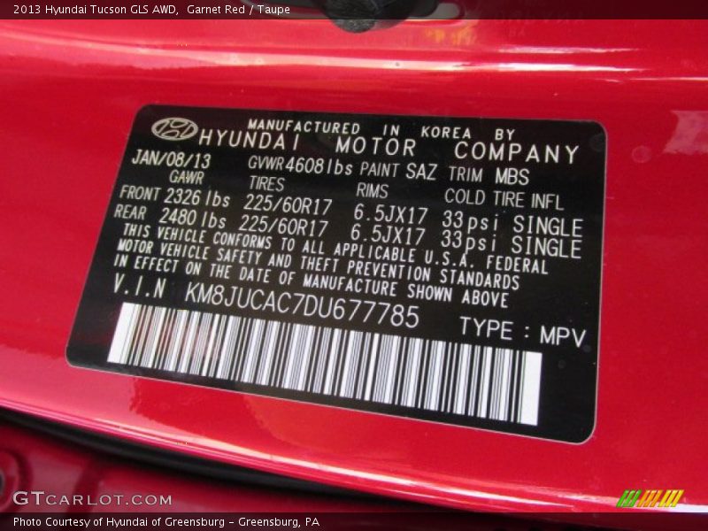 2013 Tucson GLS AWD Garnet Red Color Code SAZ