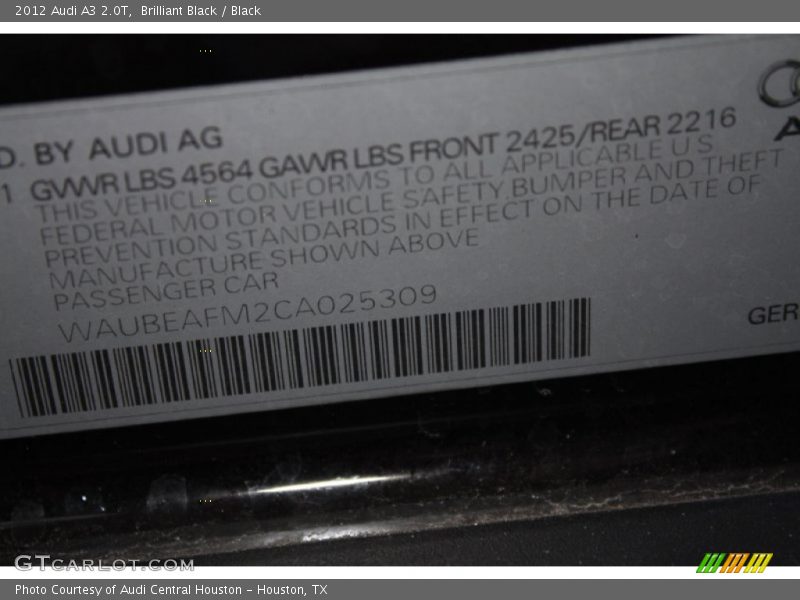 Brilliant Black / Black 2012 Audi A3 2.0T