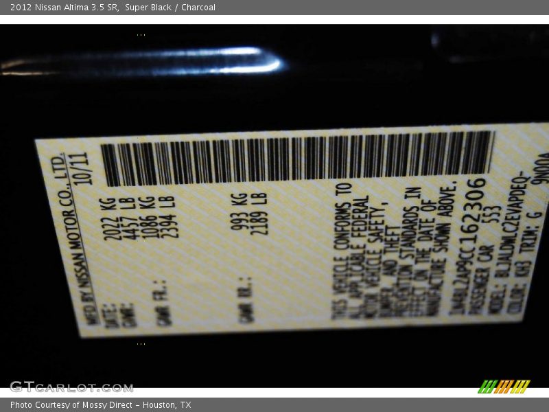 Super Black / Charcoal 2012 Nissan Altima 3.5 SR