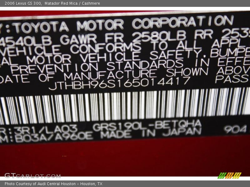 2006 GS 300 Matador Red Mica Color Code 3R1