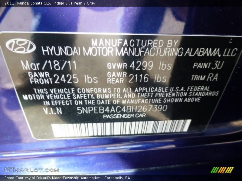 Indigo Blue Pearl / Gray 2011 Hyundai Sonata GLS