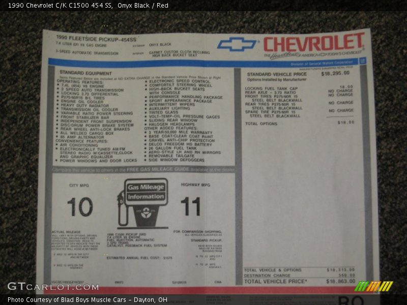  1990 C/K C1500 454 SS Window Sticker