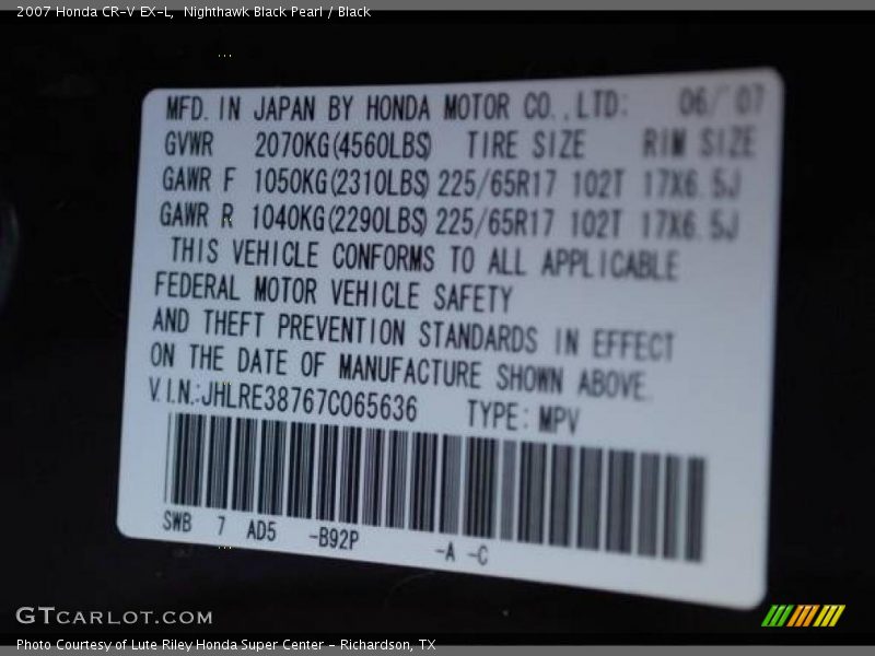 Nighthawk Black Pearl / Black 2007 Honda CR-V EX-L
