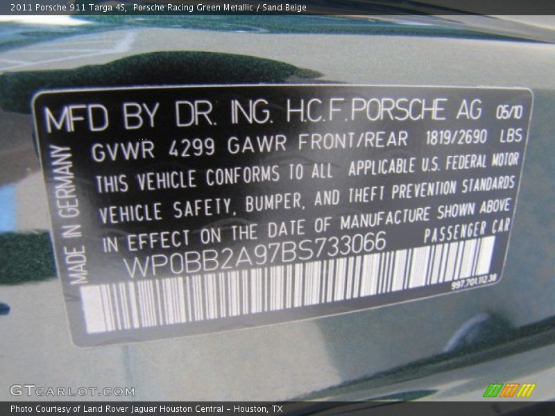Info Tag of 2011 911 Targa 4S