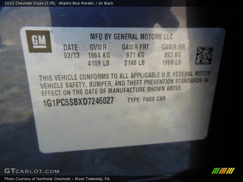 Atlantis Blue Metallic / Jet Black 2013 Chevrolet Cruze LT/RS