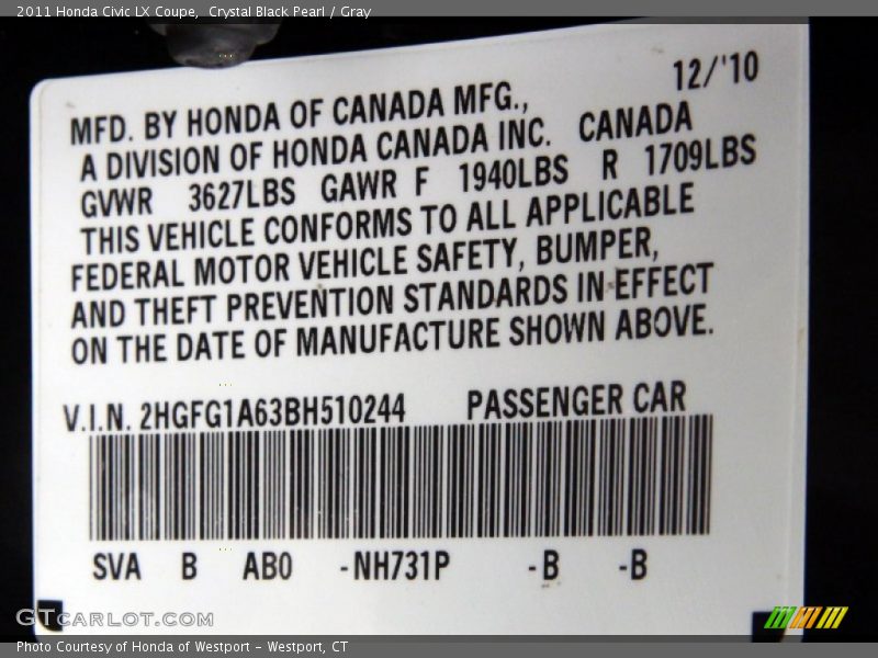 Crystal Black Pearl / Gray 2011 Honda Civic LX Coupe